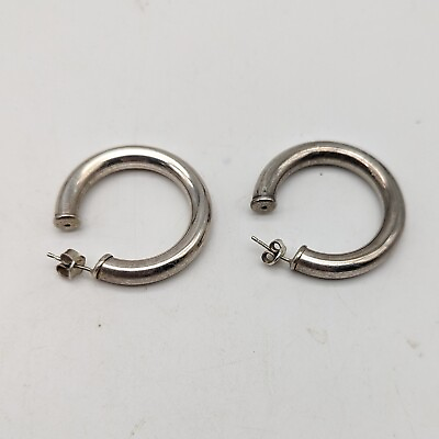 #ad Vtg Sterling Silver 3 4 Hoop Earrings Wide Hollow Tube 1 1 2quot; Diameter 6mm Thick