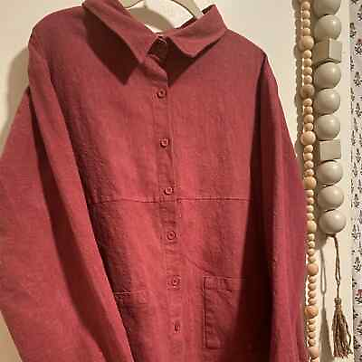 #ad VINTAGE Women#x27;s Button Down Top Faded Red 100% Linen Pockets