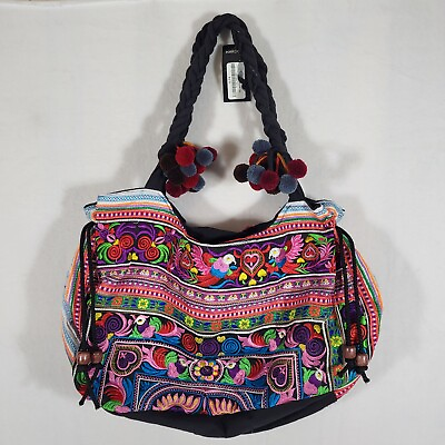 #ad Embroidered Purse Bag Top Zip Closure Braided Straps Vibrant Colors Pom Poms NWT