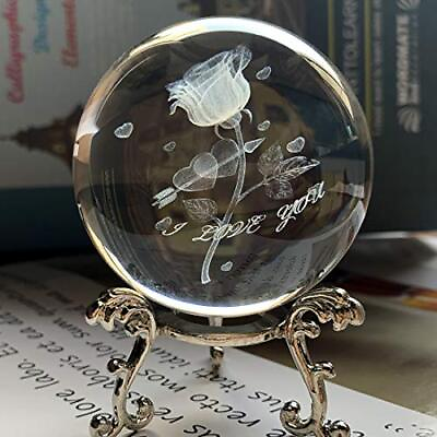 #ad Crystal 2.4 inch 60mm Carving Rose Crystal Ball with Sliver Plated Flowering
