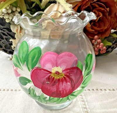 #ad Handpainted 5quot; Floral Clear Glass Vase Fluted Rim Pinks Reds