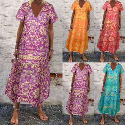 #ad Women Boho Floral V Neck Maxi Dress Baggy Kaftan Loose Beach Casual Sundress US