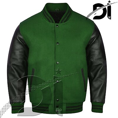 #ad Varsity F. Green Letterman Baseball Wool amp; Black Real Leather Sleeves Jacket