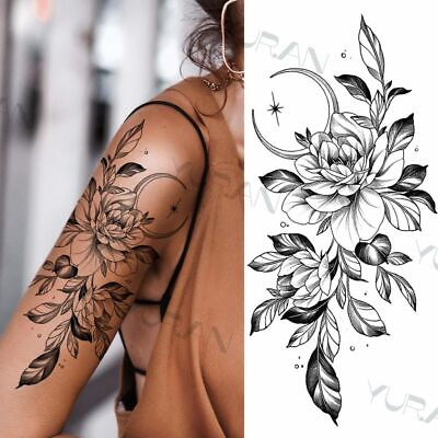 #ad Black Snake Flower Tattoos Dot Rose Peony Temporary Waterproof Tattoo Sticker