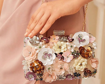 #ad HB002 Beaded Floral Clutch Bag Beige For Evening Wedding Bridesmaid Prom