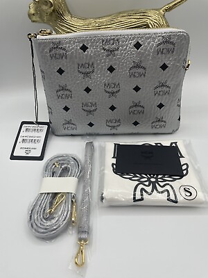 Limited Edition MCM Visetos Logo Small Crossbody Pouch Clutch Bag Silver NWT $344.99