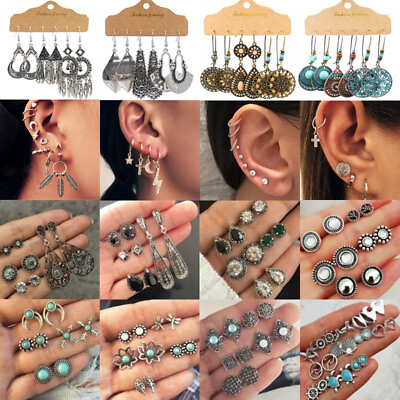#ad 12 Pairs Crystal Earrings Stud Dangle Set Women Cuff Ear Clip Boho Hoop Bohemia