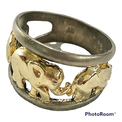 #ad Vintage 925 NF Sterling Silver w Gold Tone Triple Elephants Cut out Band Ring