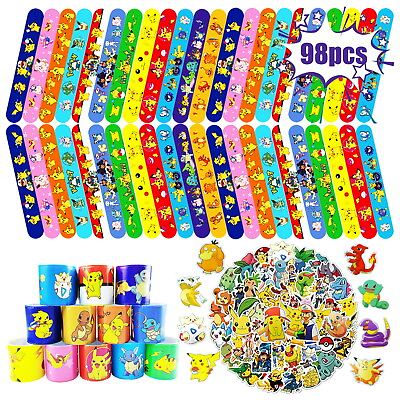#ad 98 Pcs Pokemon Slap Bracelet Sticker Set Party Favors Birthday Supplies for Kids