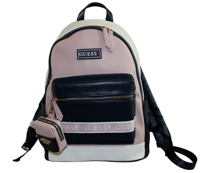 #ad Guess Blush Pink Navy White Backpack Womens Logo Clip Bag Full Size NWT FLAWS