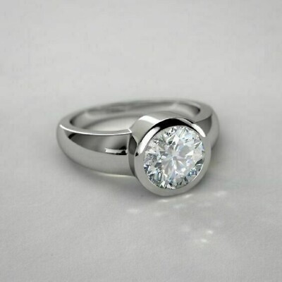 #ad 8mm Round Bezel Set VVS1 Moissanite Solitaire Wedding Ring 14K White Gold Plated