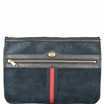 #ad GUCCI Ophidia GG Suede Leather Pouch Clutch Bag Navy Blue 517551