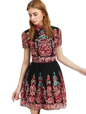 #ad Multicolored Heavy Embroidered Vtg Mesh Overlay Black Skater Party Dress Sz SM