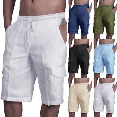 #ad Mens Cotton Linen Shorts Drawstring Elasticated Loose Casual Work Beach Pants US