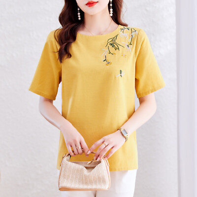 #ad Women Summer Crew Neck Elegant Cotton Linen Embroidered Loose T Shirt Blouse Top
