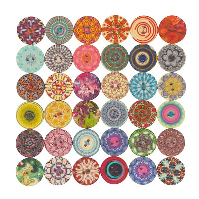 #ad 100pcs Mixed Random Flower Painting Round 2 Holes Wood Wooden Buttons for Sew...