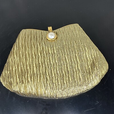 #ad Metallic Gold Crinkle Fabric Clutch Purse Evening Bag