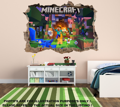 #ad Minecraft Wall Sticker Smashed 3D Crack Kids Bedroom Decal Gift Game m1