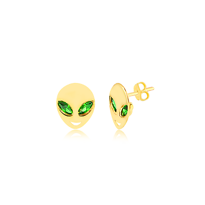 #ad 18 K Yellow Gold with green stone Alien earrings for women girls and kids.
