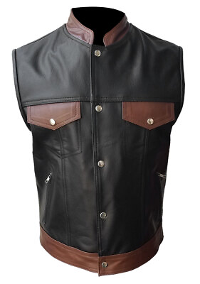 #ad Mens Bikers Style Waistcoat Vest Black amp; Brown Genuine Cow Leather Waistcoat