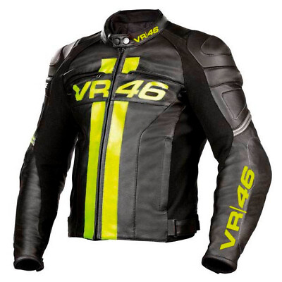 #ad VR46 Black Motorcycle Leather Jacket Motorbike Padded Leather Jacket Custom Made