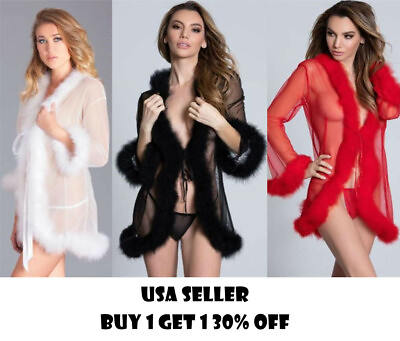 #ad Women Bathrobe Lace Fur Sleepwear Robe Sexy Lingerie G String Babydoll Gown B
