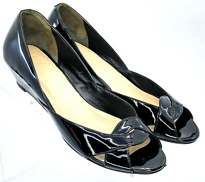 #ad Cole Haan Air Darleen Pump Women 5 B Black Patent Peep Toe Snake Wedge Heel Shoe