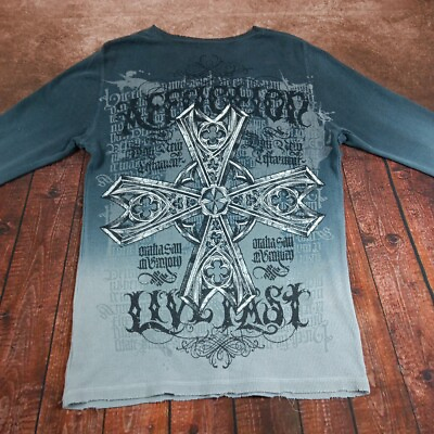 #ad Affliction Live Fast Waffle Knit Shirt Mens Sz Small Cross Gradient Gray