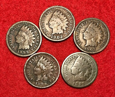 #ad 5 Vintage Indian Head Pennies 1 Cent US Coins Penny Lot 1880 1909 Cull to AG