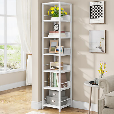 #ad 7 Tier Tall Narrow Bookcase Bookshelf for Living Room Corner Display Rack Shelf