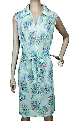 #ad 1960#x27;s Mod Blue Floral Sleeveless Belted Zip Up Vintage Midi Dress Size M L