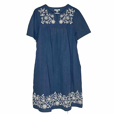#ad Go Softly Patio Blue Chambray Embroidered Floral Smock Dress with Pockets Sz Med