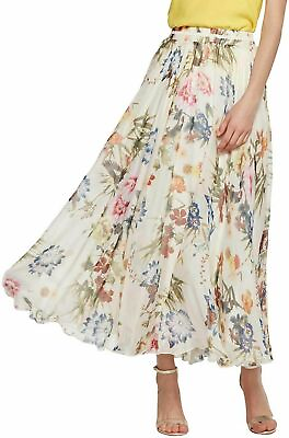 #ad Women#x27;s Elegant Summer Full Length Boho Floral Print Pleated Chiffon Skirt