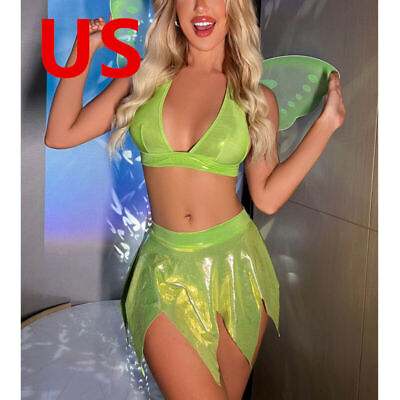 #ad US Women#x27;s Bra Top Skirt Sexy Halloween Costume Glossy Rose Forest Fairy Halter