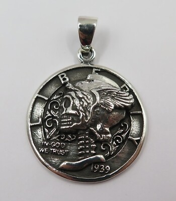 #ad LIBERTY IN GOD WE TRUST SKULL STERLING 925 SILVER PENDANT