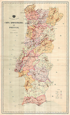 #ad MidCentury Map of Portugal Carta administrativa Wall Art Poster Print Artwork