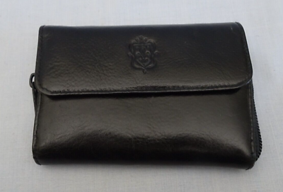 #ad Black Genuine Leather Snap Clutch Coin Wallet Embossed Fleur de Lis design NEW