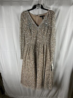 #ad Aidan Mattox champagne beaded sequin midi dress gown #12 $495