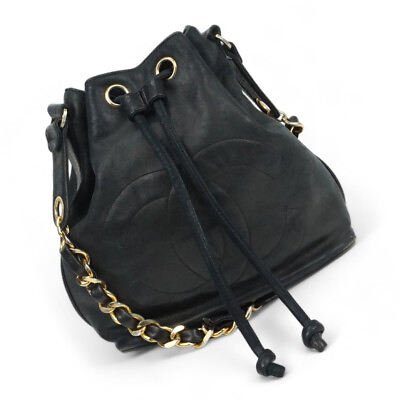 #ad Chanel CC Drawstring Chain Shoulder Bucket Bag Black Lambskin Authentic