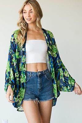 #ad Stripes And Floral Print Lightweight Kimono Green Blue
