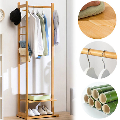 #ad Premium Bamboo Coat Stand Corner Clothes Rack Garment Shelf Hanging Rail Hooks