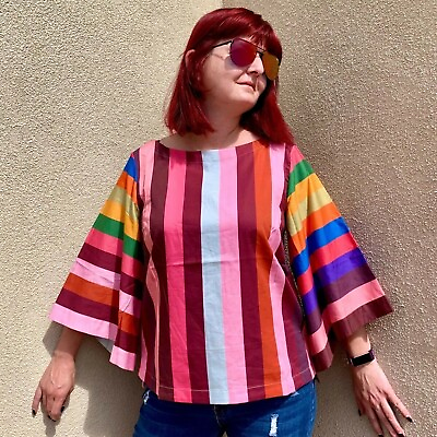 #ad NWT Anthropologie Striped Rainbow Bell Sleeve Top