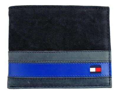 #ad Tommy Hilfiger Men#x27;s Leather Canvas Credit Card Wallet Billfold Navy 31TL22X050