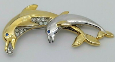 #ad Dolphin Brooch Pin Silver And Gold Tone Metal Blue Rhinestone Eyes Vintage Shiny