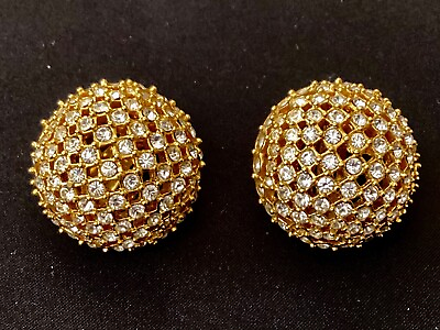 #ad St John Vintage Earrings Gold Tone amp; Rhinestones Round Dome Clip On Signed