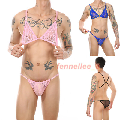 #ad Sissy Mens Underwear Sexy Lace Crossdress Lingerie Bra Panties Nightwear Bikinis