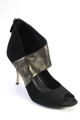 #ad Delman Womens Black Suede Peep Toe Zip Silver High Heel Sandals Shoes Size 8.5