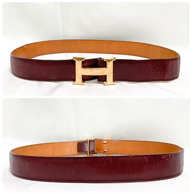 #ad HERMES Constance H Buckle Reversible Belt Gold Bordeaux Red amp; Brown Leather Auth