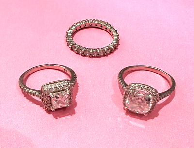 #ad LOT Sterling Silver Ring CZ Wedding Engagement Princess Cushion Cut Band