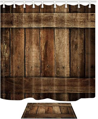 #ad Rustic Wood Color for Men Fabric Shower Curtain and Rug Set Decor Bathroom Mat